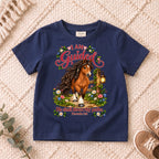 I AM Kids Horse Guided design on a Navy shirt, shown on a cream rug.