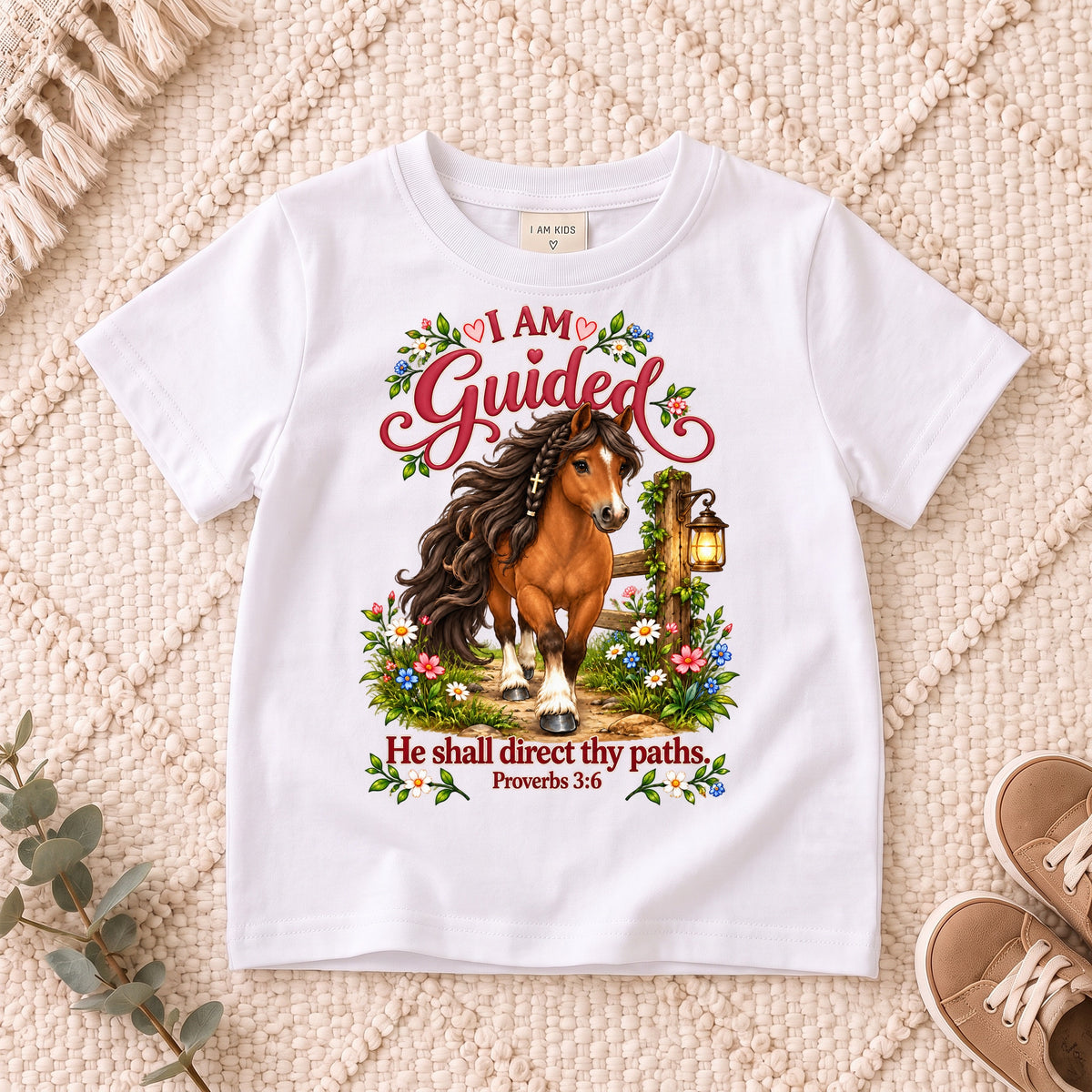 I AM Kids Horse Guided design on a White shirt, shown on a cream rug.
