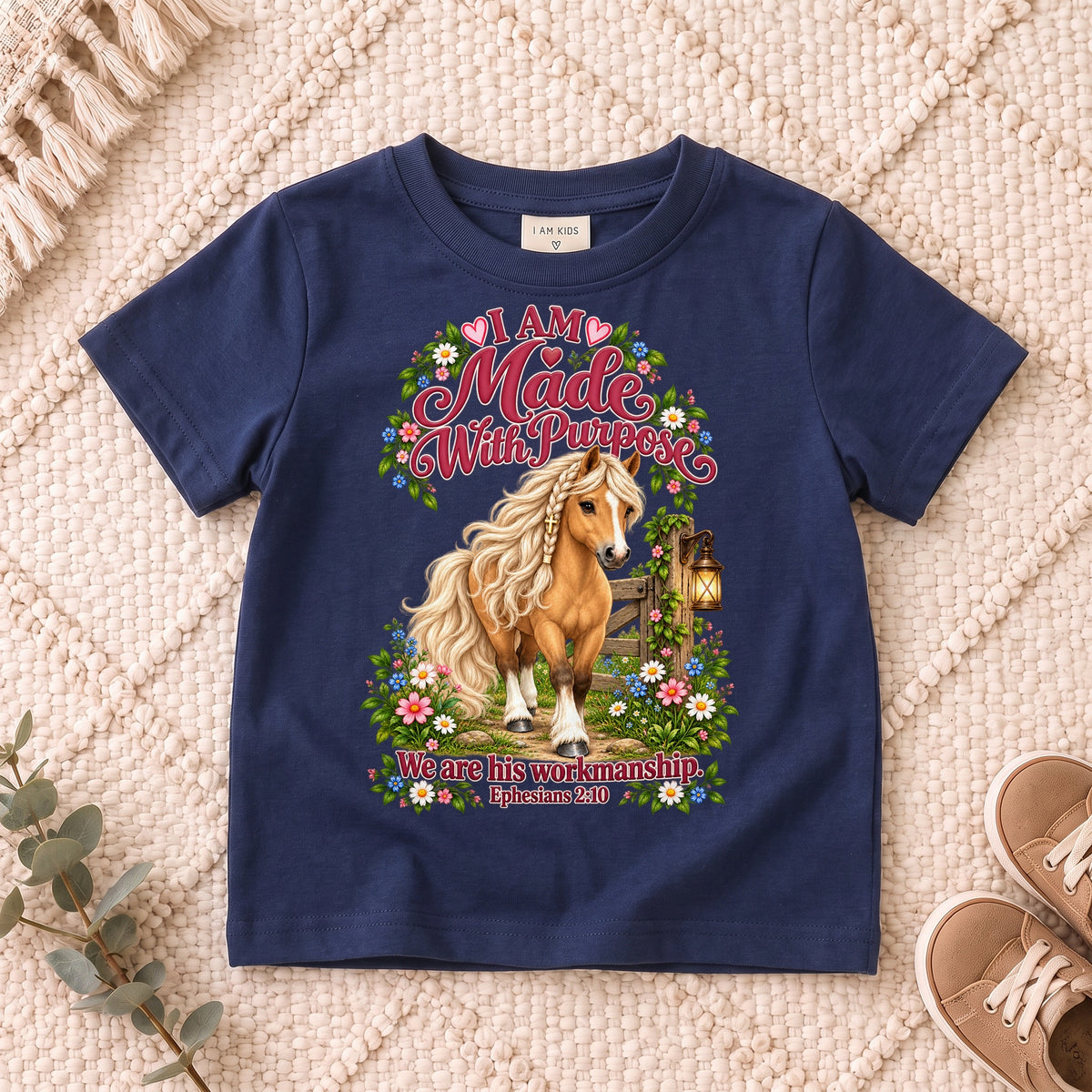 I AM Kids Horse Purpose design on a Navy shirt, shown on a cream rug.