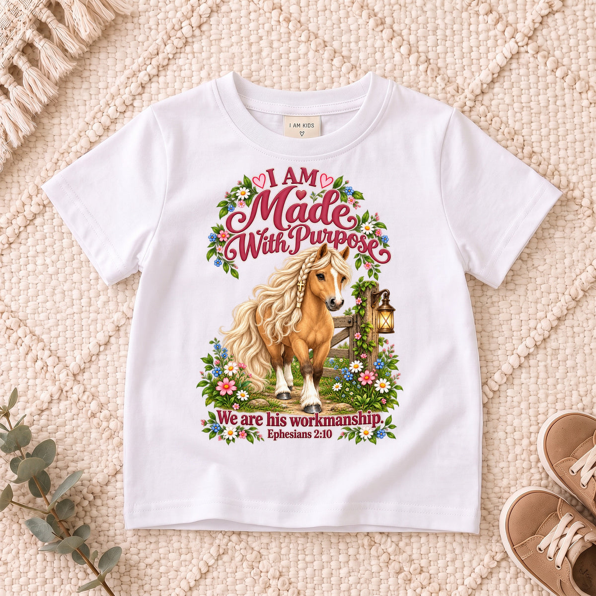 I AM Kids Horse Purpose design on a White shirt, shown on a cream rug.