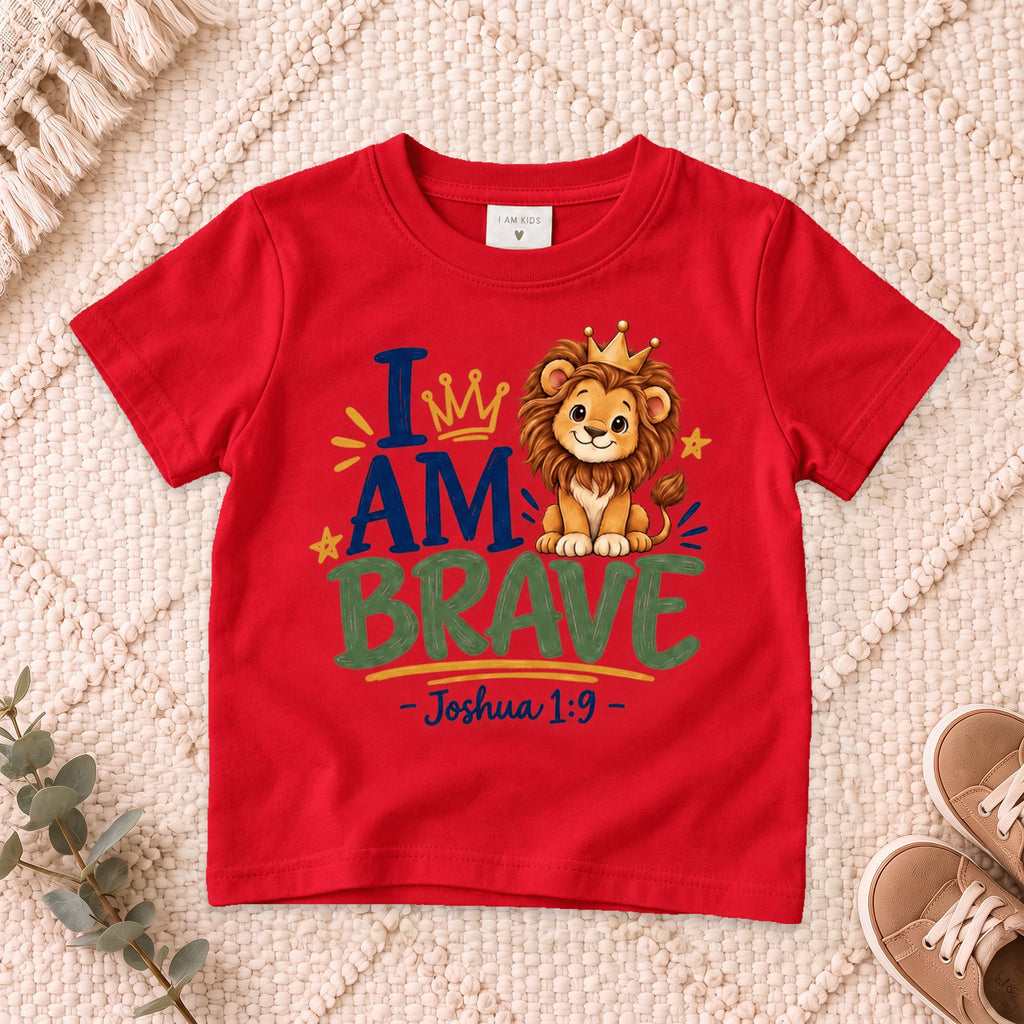 I AM Kids 2I AM BRAVE Lion Toddler T-Shirt | Joshua 1:9 - copy design on a Red shirt, shown on a cream rug.
