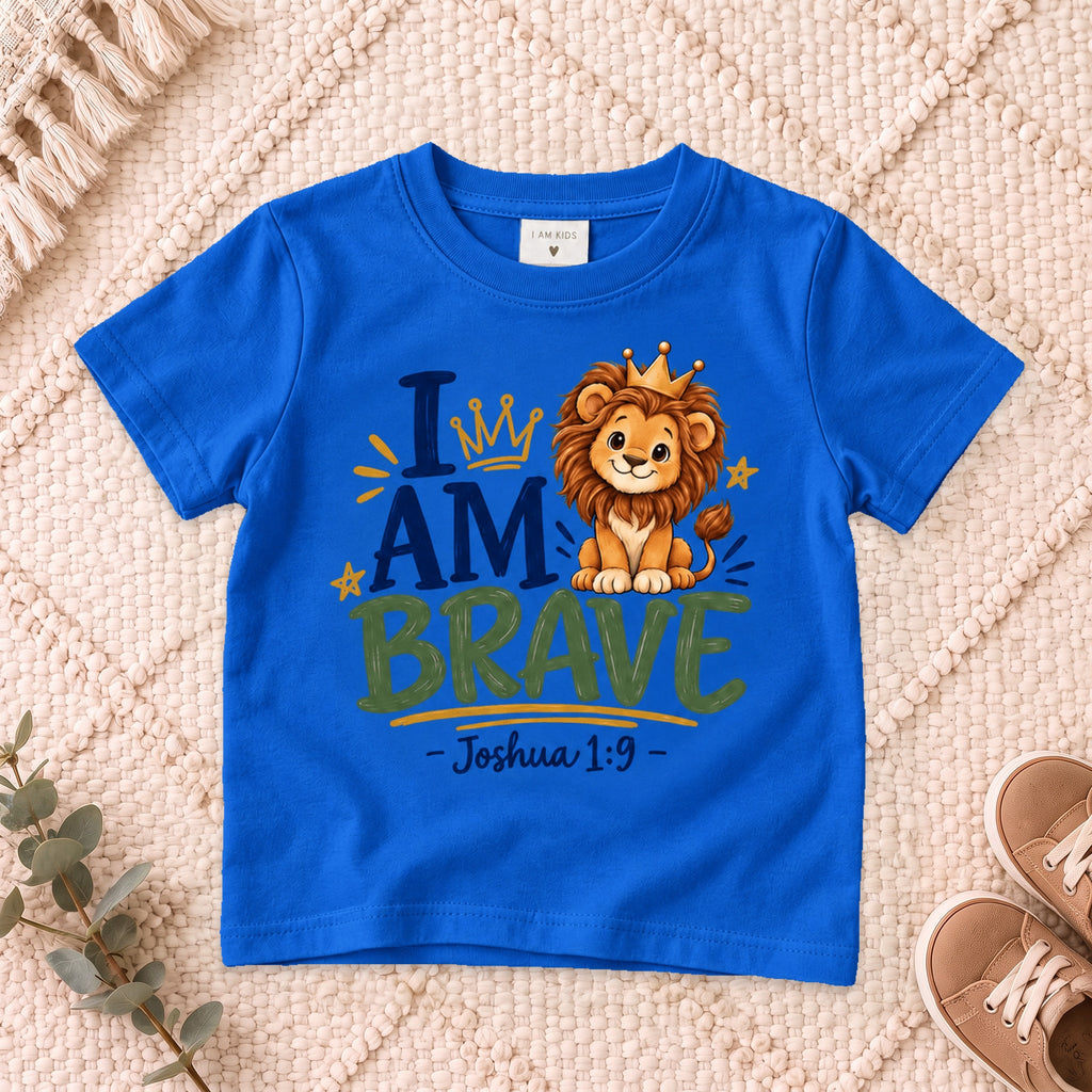 I AM Kids 2I AM BRAVE Lion Toddler T-Shirt | Joshua 1:9 - copy design on a Royal shirt, shown on a cream rug.