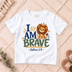 I AM Kids 2I AM BRAVE Lion Toddler T-Shirt | Joshua 1:9 - copy design on a White shirt, shown on a cream rug.
