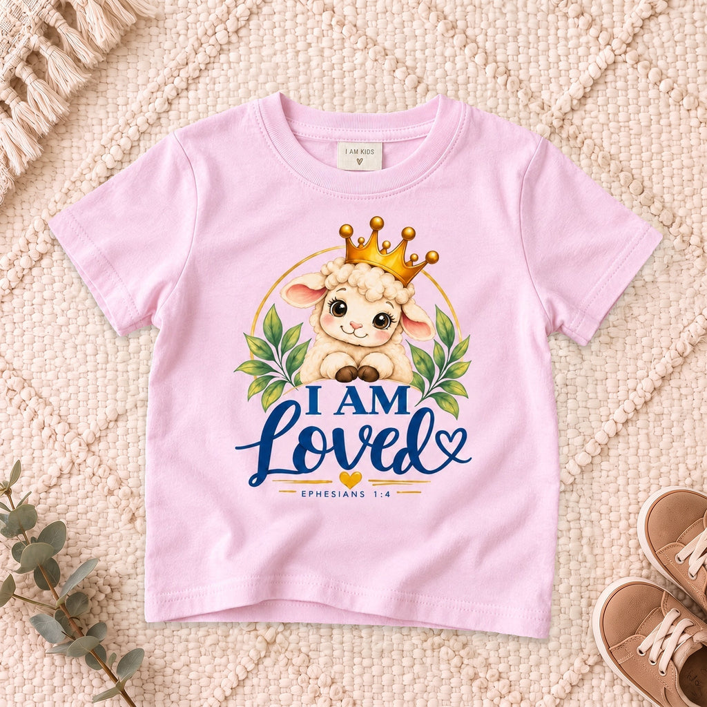 I AM Kids I AM LOVED Lamb Toddler T-Shirt | Ephesians 1:4 - copy design on a Light Pink shirt, shown on a cream rug.
