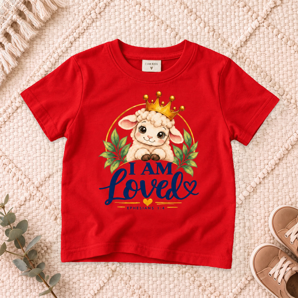 I AM Kids I AM LOVED Lamb Toddler T-Shirt | Ephesians 1:4 - copy design on a Red shirt, shown on a cream rug.