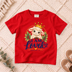 I AM Kids I AM LOVED Lamb Toddler T-Shirt | Ephesians 1:4 - copy design on a Red shirt, shown on a cream rug.