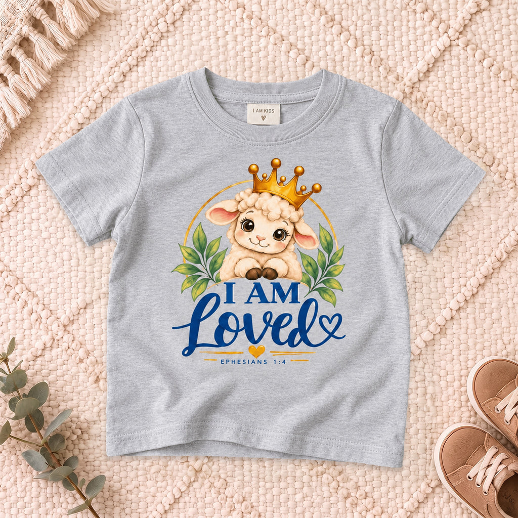 I AM Kids I AM LOVED Lamb Toddler T-Shirt | Ephesians 1:4 - copy design on a Sport Grey shirt, shown on a cream rug.