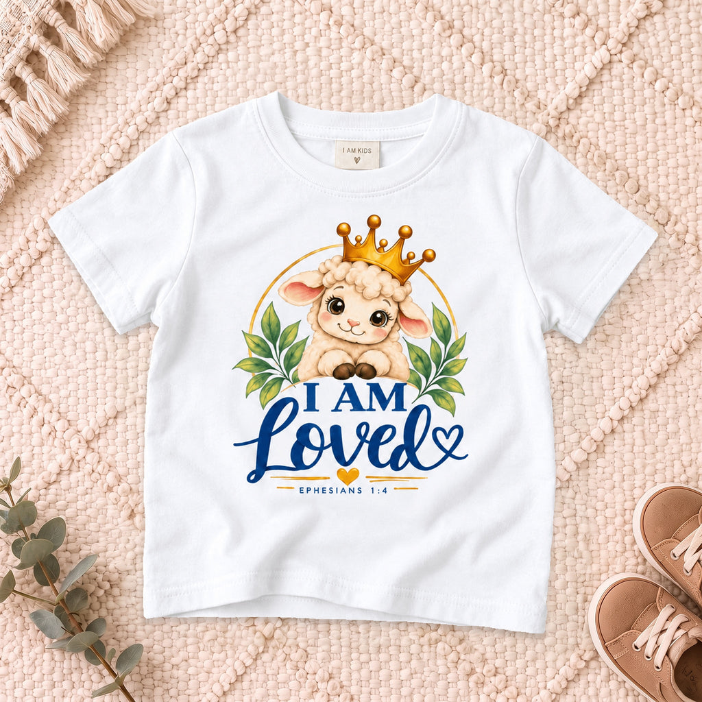 I AM Kids I AM LOVED Lamb Toddler T-Shirt | Ephesians 1:4 - copy design on a White shirt, shown on a cream rug.
