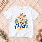 I AM Kids I AM LOVED Lamb Toddler T-Shirt | Ephesians 1:4 - copy design on a White shirt, shown on a cream rug.