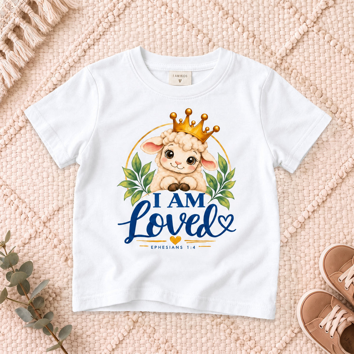 I AM Kids I AM LOVED Lamb Toddler T-Shirt | Ephesians 1:4 - copy design on a White shirt, shown on a cream rug.