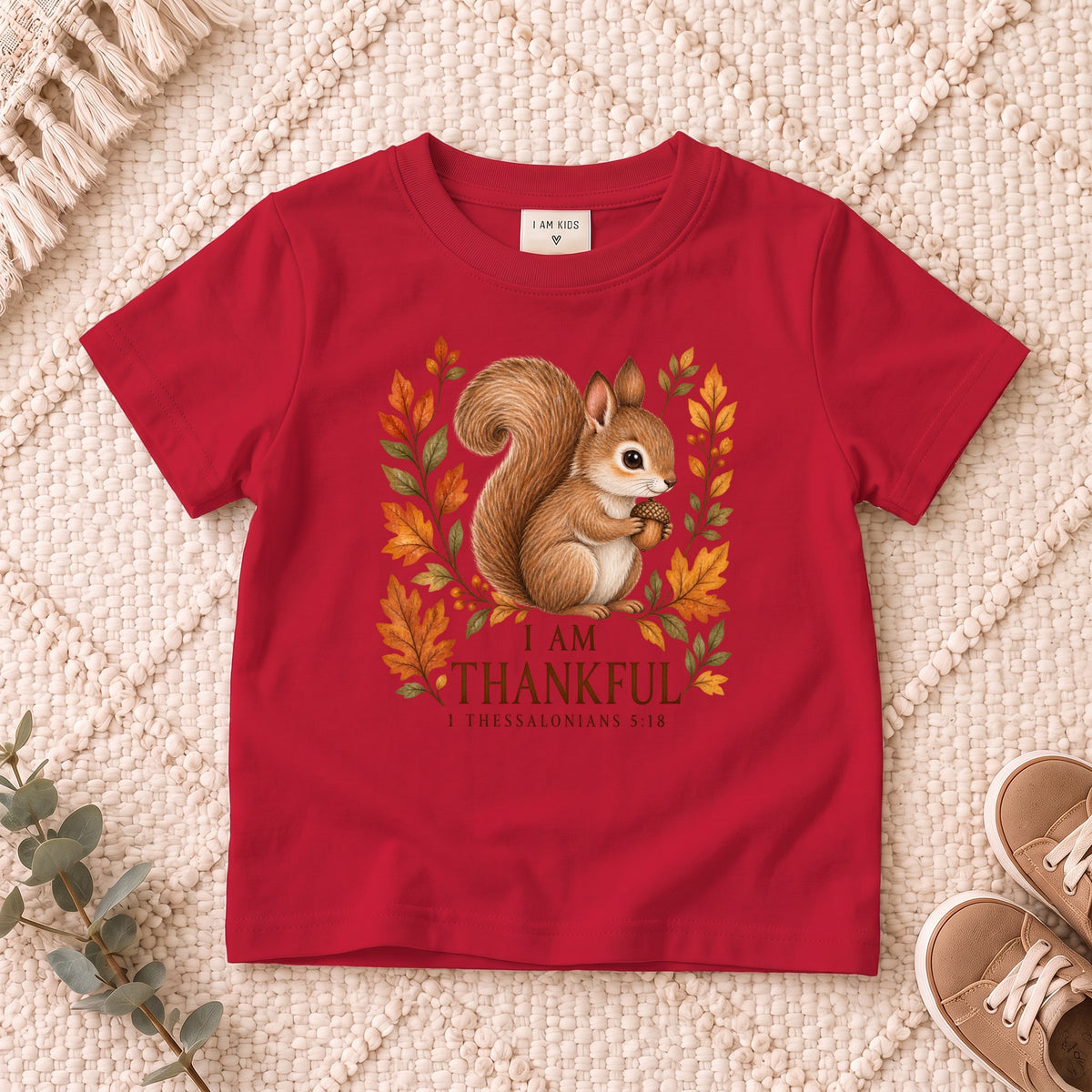 I AM Kids squirrel design on a Red shirt, shown on a cream rug.