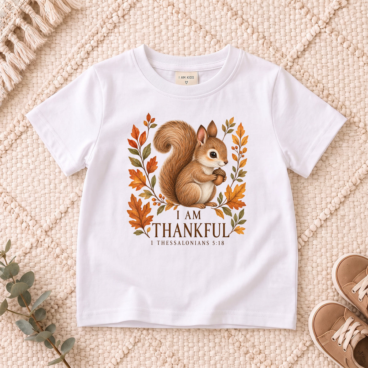 I AM Kids squirrel design on a White shirt, shown on a cream rug.