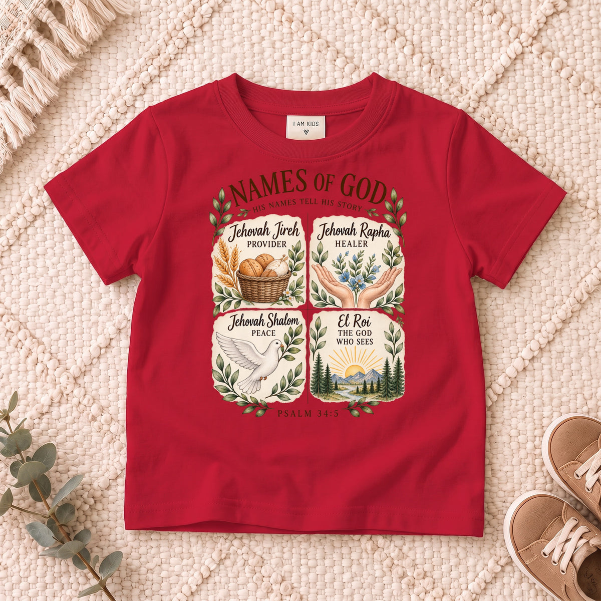 I AM Kids names design on a Red shirt, shown on a cream rug.
