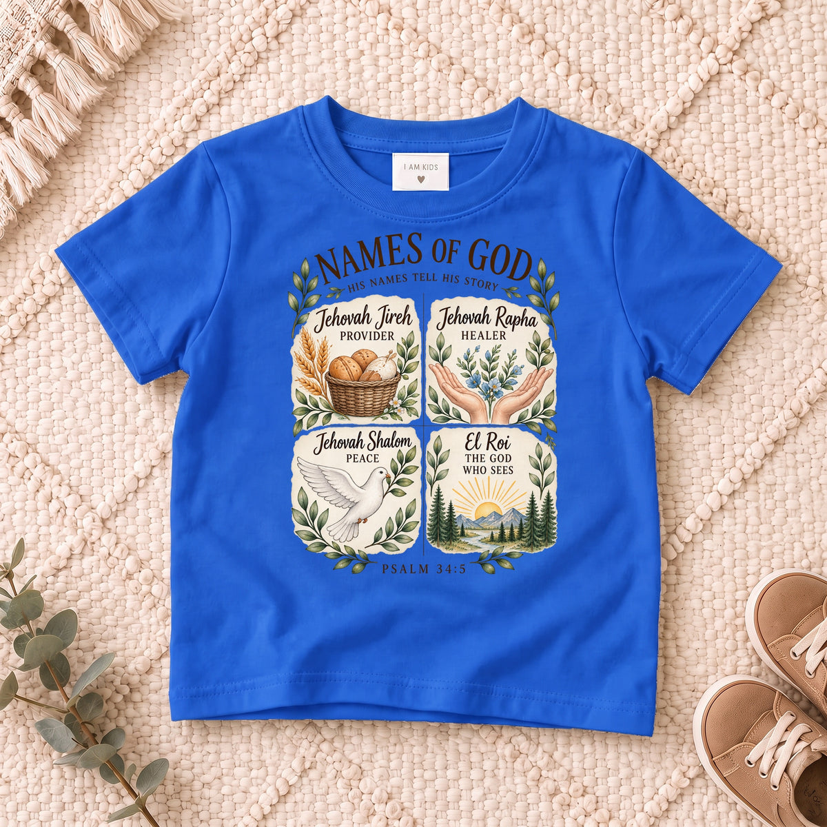 I AM Kids names design on a Royal shirt, shown on a cream rug.
