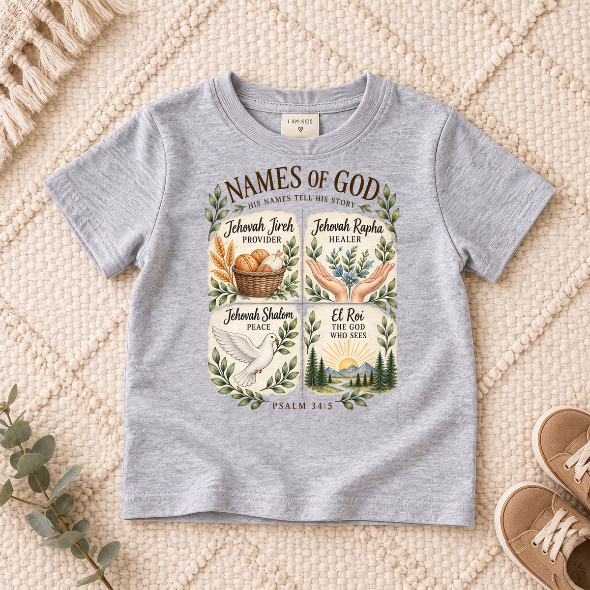 I AM Kids names design on a Sport Grey shirt, shown on a cream rug.