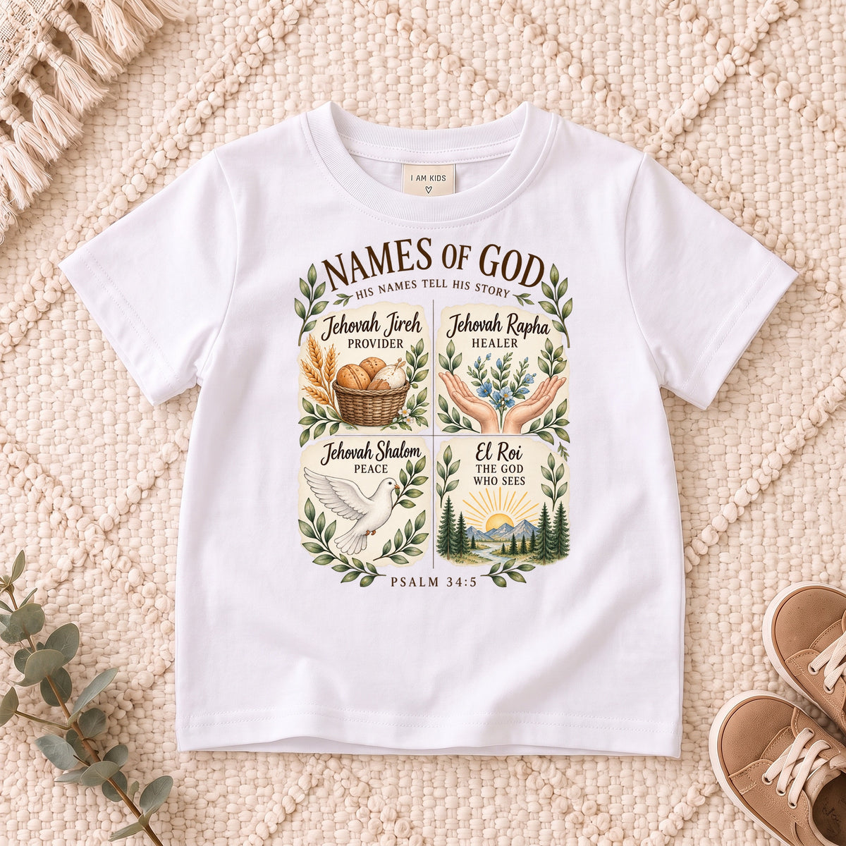 I AM Kids names design on a White shirt, shown on a cream rug.