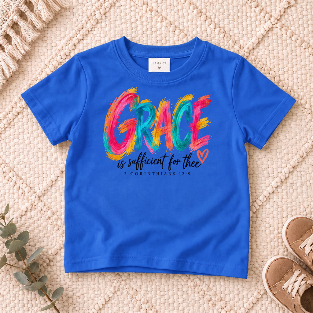 I AM Kids grace design on a Royal shirt, shown on a cream rug.