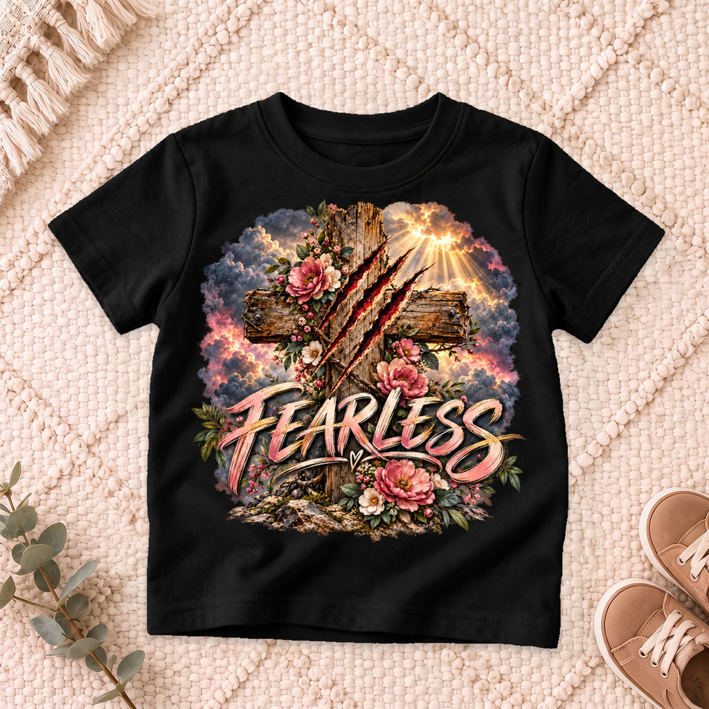 I AM Kids Floral FEARLESS Cross Kids Tee design on a Black shirt, shown on a cream rug.