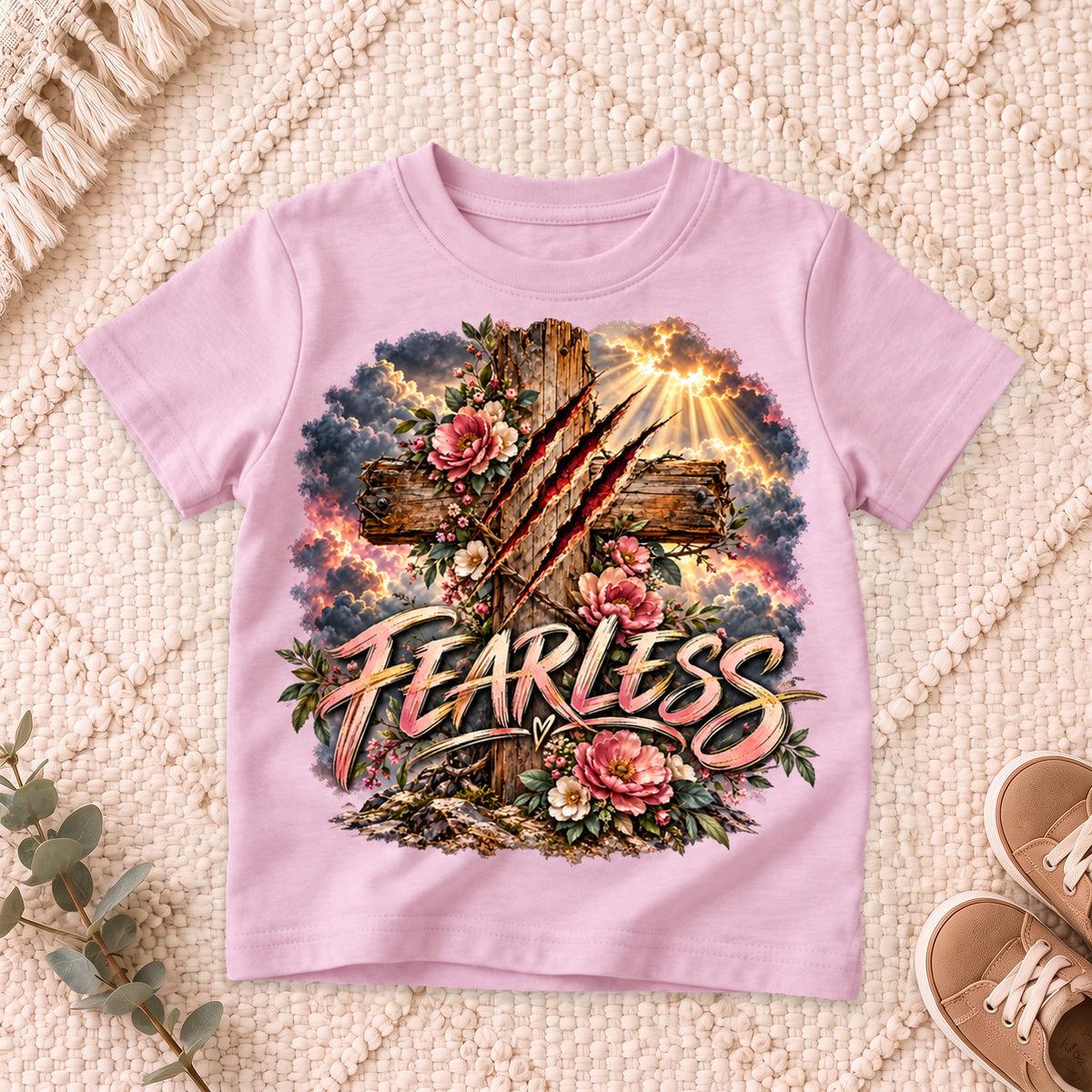 I AM Kids Floral FEARLESS Cross Kids Tee design on a Light Pink shirt, shown on a cream rug.