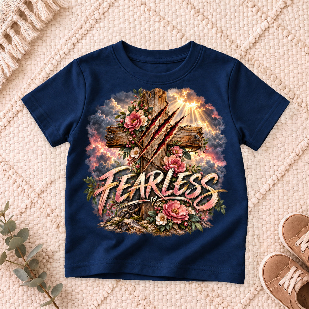 I AM Kids Floral FEARLESS Cross Kids Tee design on a Navy shirt, shown on a cream rug.