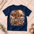 I AM Kids Floral FEARLESS Cross Kids Tee design on a Navy shirt, shown on a cream rug.