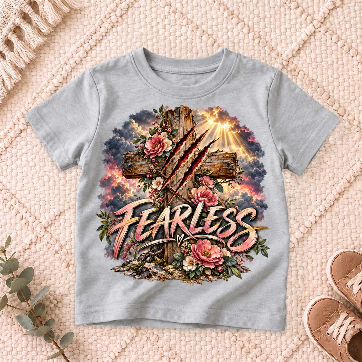 I AM Kids Floral FEARLESS Cross Kids Tee design on a Sport Grey shirt, shown on a cream rug.