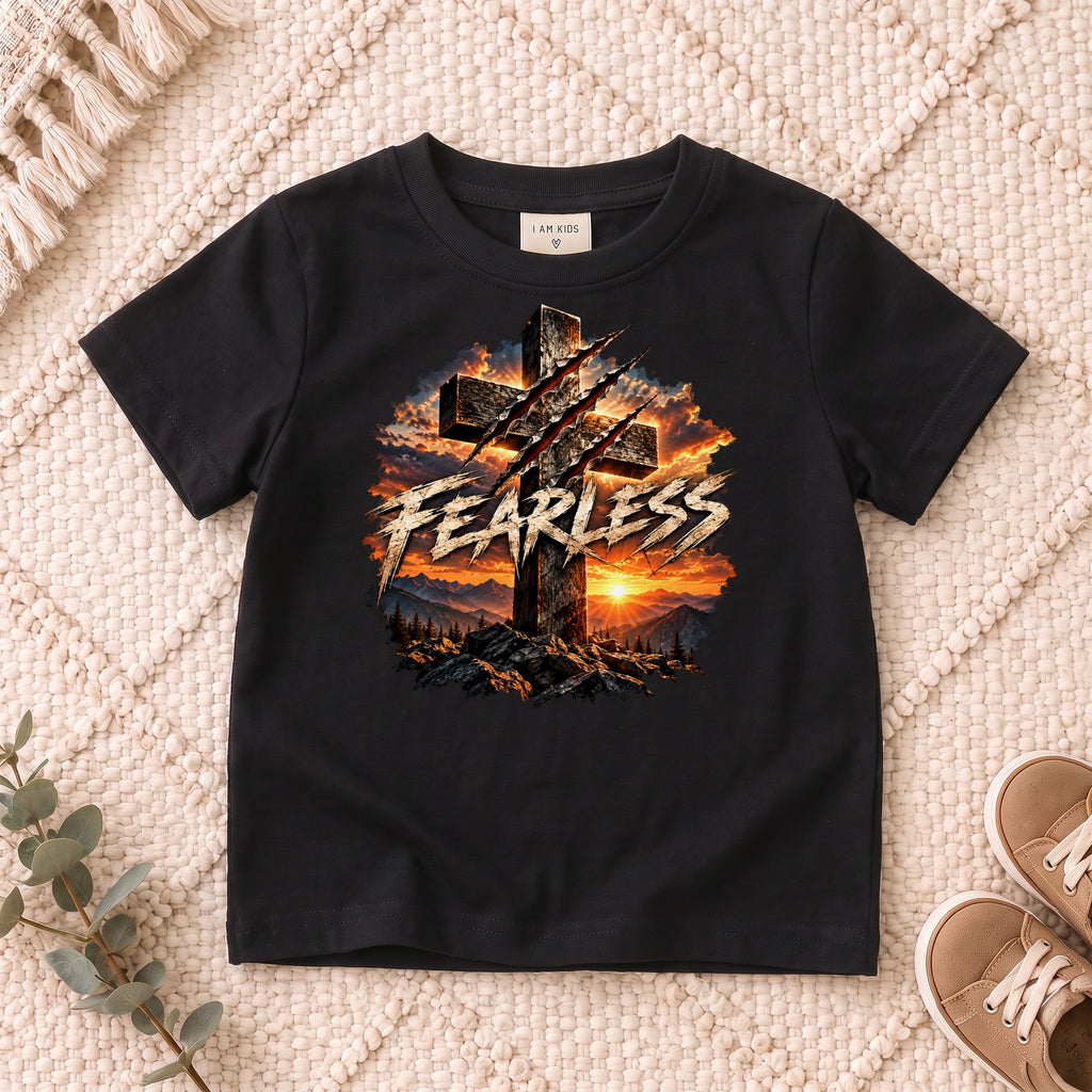 I AM Kids FEARLESS Cross Kids Tee design on a Black shirt, shown on a cream rug.