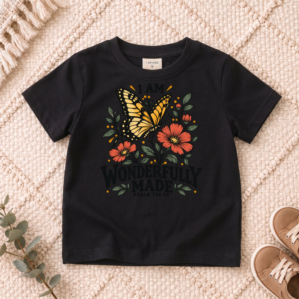 I AM Kids I AM Wonderfully Made Butterfly Kids Tee | Psalm 139:14 design on a Black shirt, shown on a cream rug.