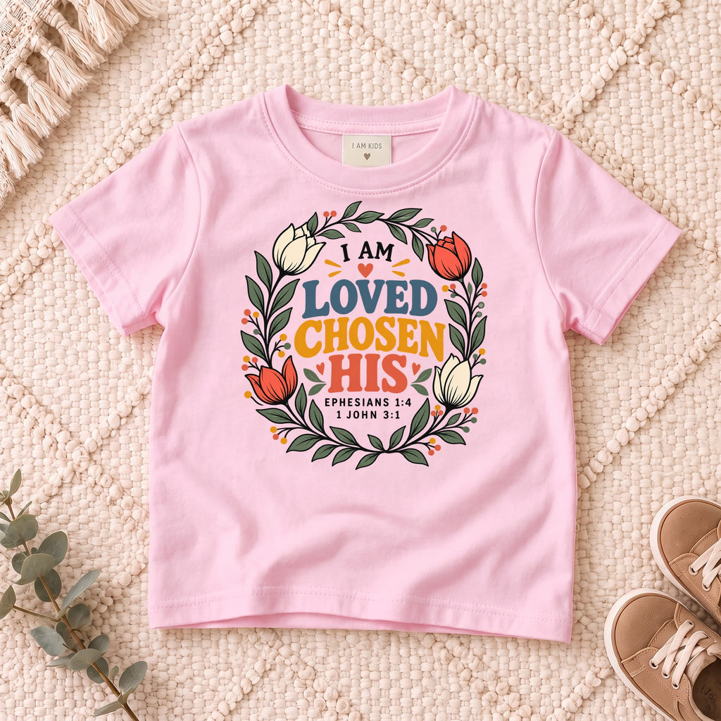 I AM Kids I AM Loved, Chosen & His Floral Wreath Kids Tee design on a Light Pink shirt, shown on a cream rug.