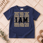 I AM Kids I AM Words of Faith Kids Tee design on a Navy shirt, shown on a cream rug.