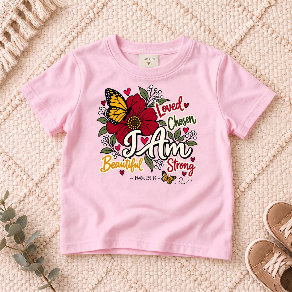 I AM Kids I AM Beautiful & Strong Floral Butterfly Kids Tee | Psalm 139:14 design on a Light Pink shirt, shown on a cream rug.