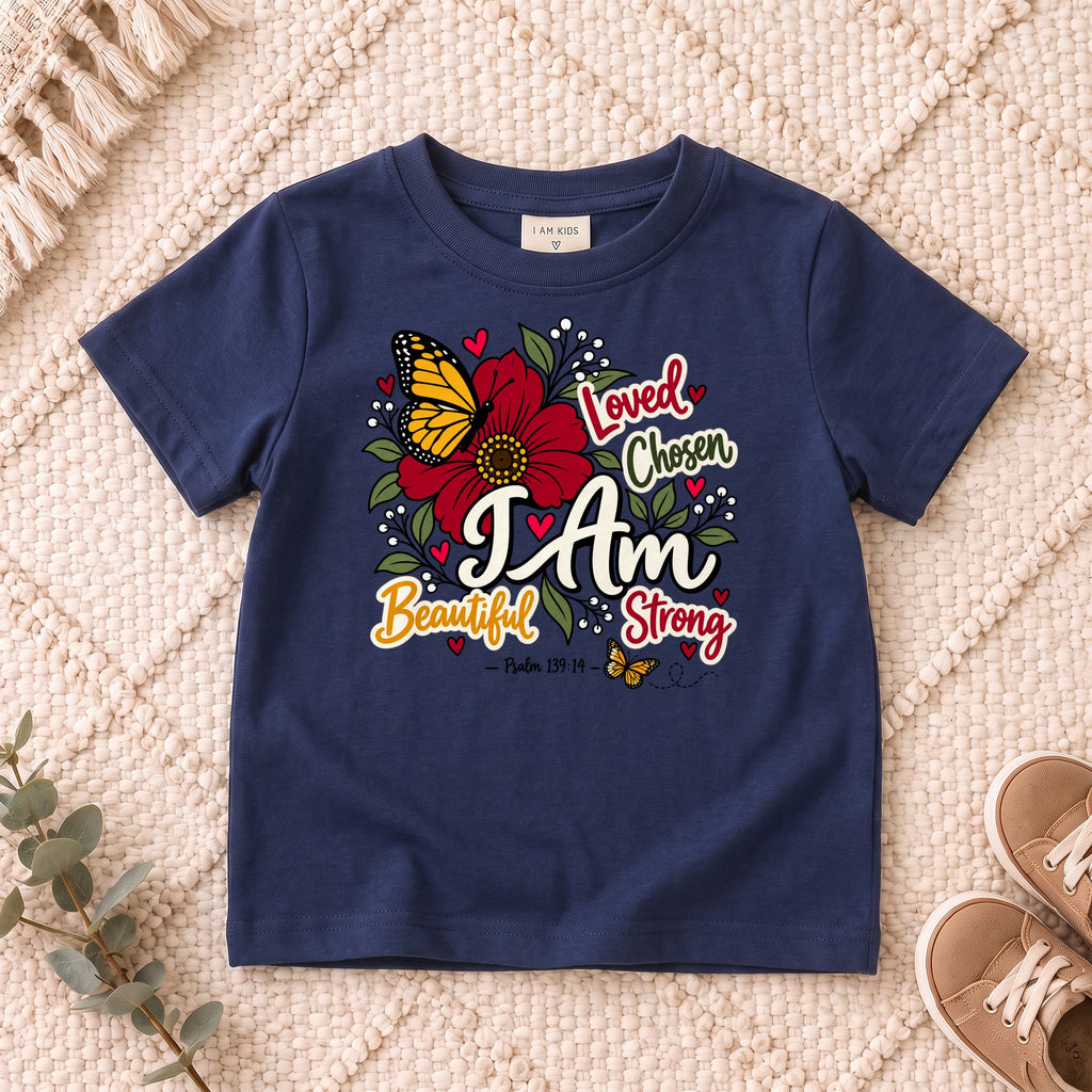 I AM Kids I AM Beautiful & Strong Floral Butterfly Kids Tee | Psalm 139:14 design on a Navy shirt, shown on a cream rug.