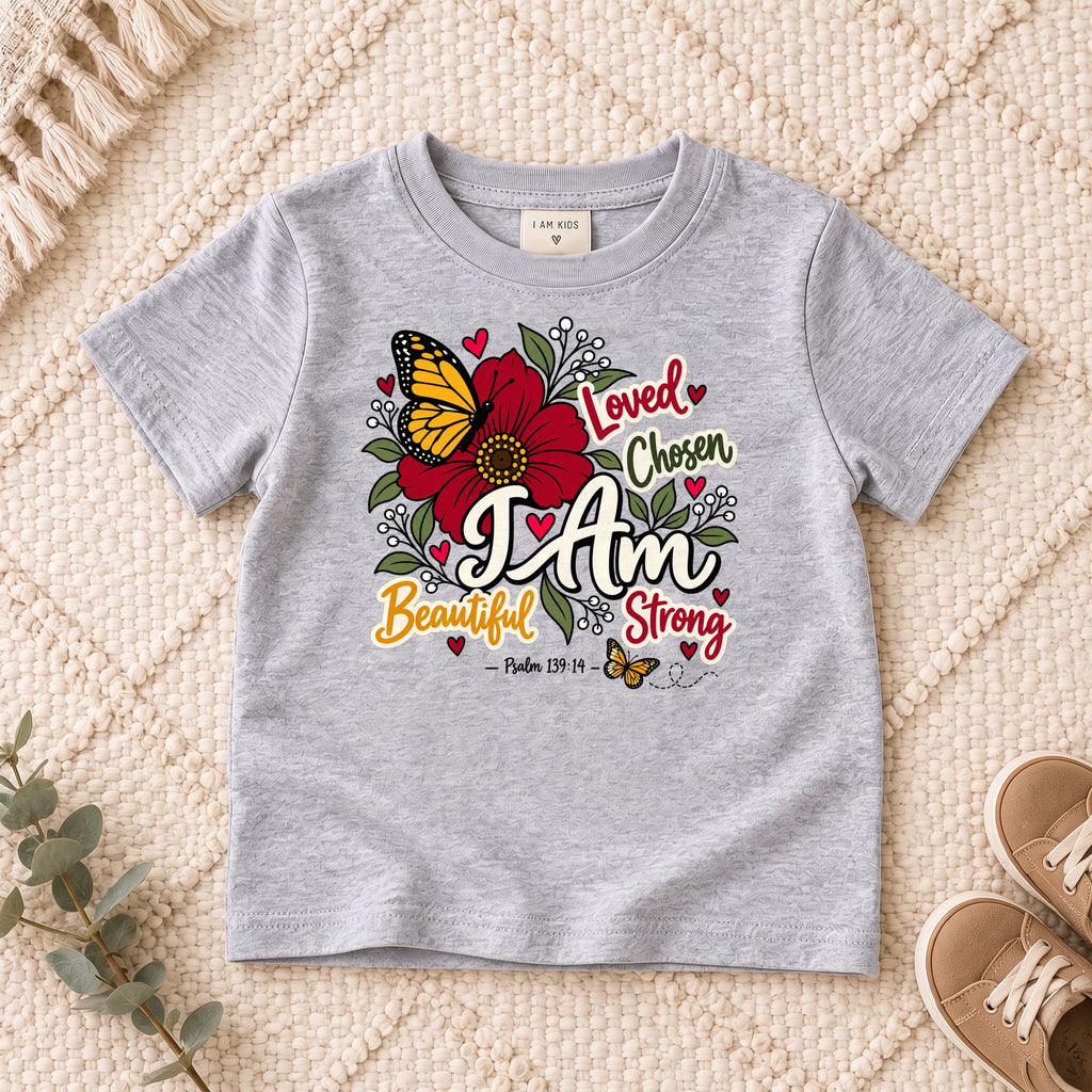 I AM Kids I AM Beautiful & Strong Floral Butterfly Kids Tee | Psalm 139:14 design on a Sport Grey shirt, shown on a cream rug.
