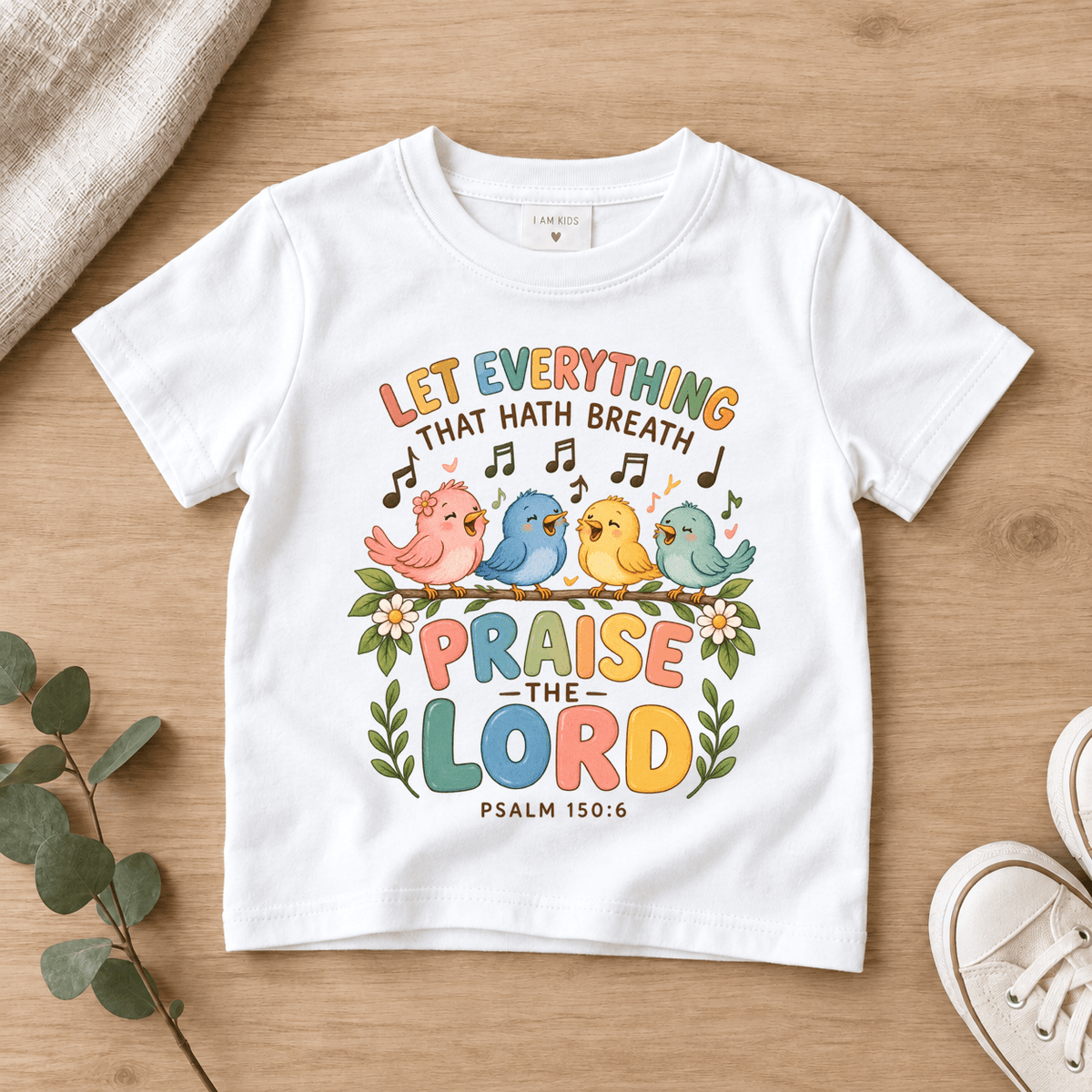 Praise the Lord Singing Birds Kids Tee | Future Disciples Christian scripture shirt - I AM Kids
