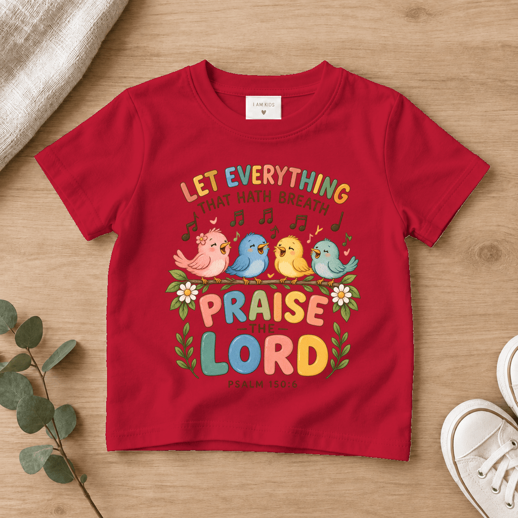 Praise the Lord Singing Birds Kids Tee | Future Disciples Christian scripture shirt - I AM Kids