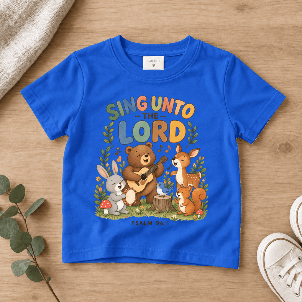 Sing unto the Lord Woodland Bear Kids Tee | Future Disciples Christian scripture shirt - I AM Kids