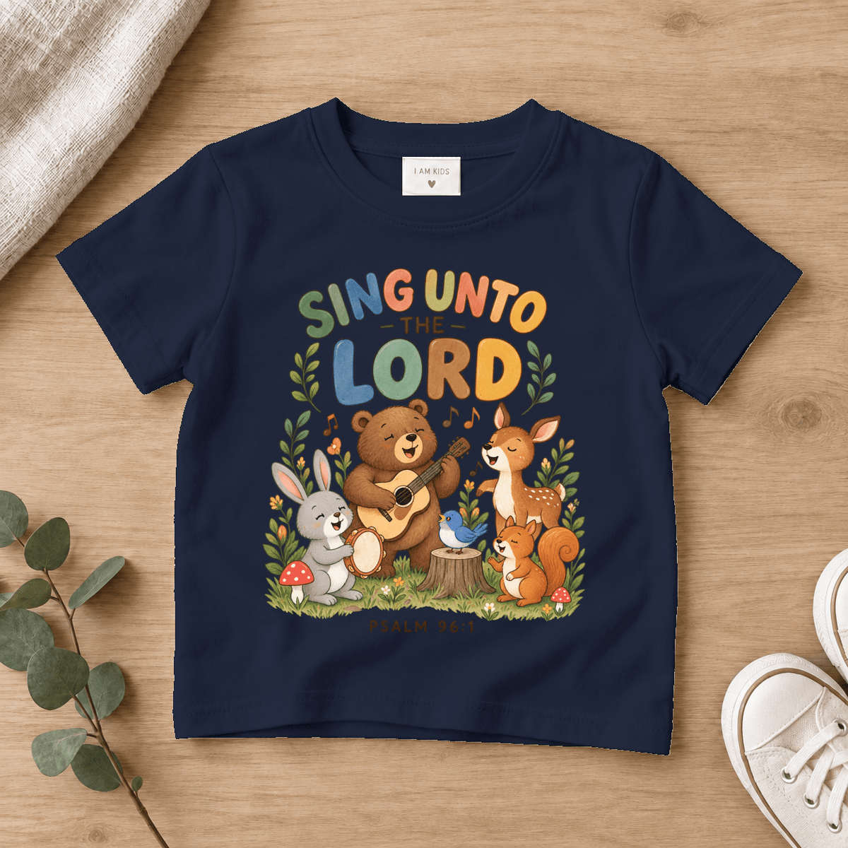 Sing unto the Lord Woodland Bear Kids Tee | Future Disciples Christian scripture shirt - I AM Kids