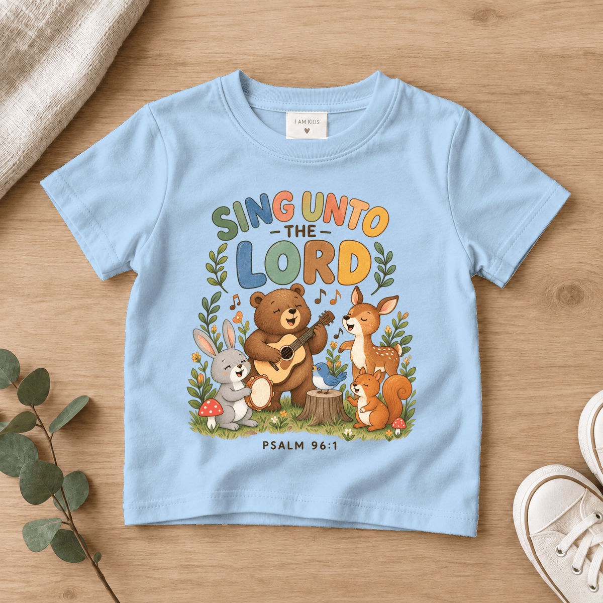 Sing unto the Lord Woodland Bear Kids Tee | Future Disciples Christian scripture shirt - I AM Kids
