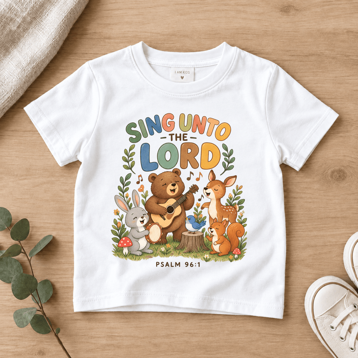 Sing unto the Lord Woodland Bear Kids Tee | Future Disciples Christian scripture shirt - I AM Kids