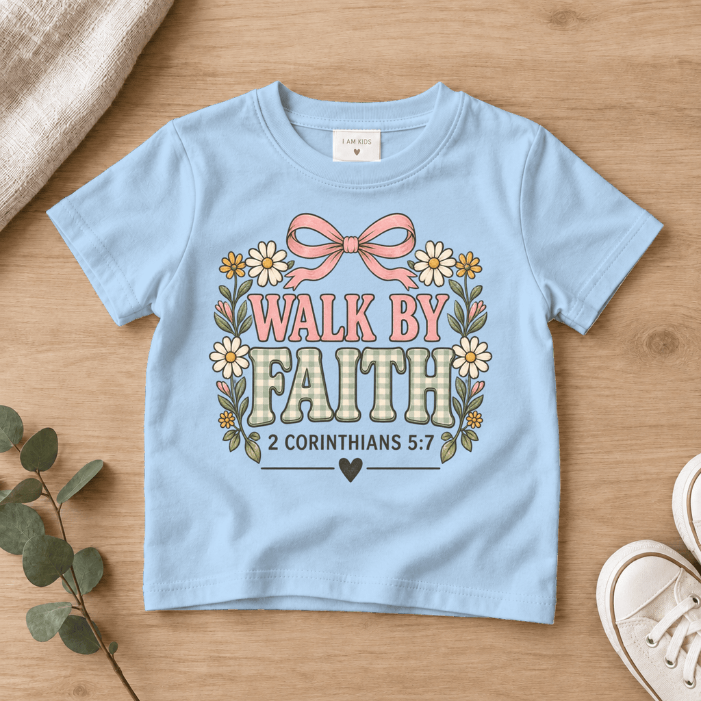 Walk by Faith Bow Kids Tee | Future Disciples Christian scripture shirt - I AM Kids