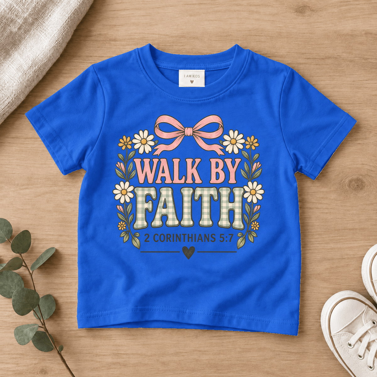 Walk by Faith Bow Kids Tee | Future Disciples Christian scripture shirt - I AM Kids