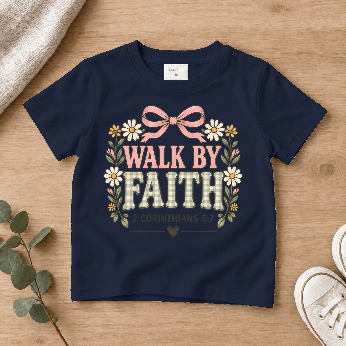 Walk by Faith Bow Kids Tee | Future Disciples Christian scripture shirt - I AM Kids