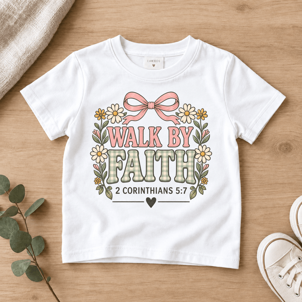 Walk by Faith Bow Kids Tee | Future Disciples Christian scripture shirt - I AM Kids