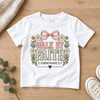 Walk by Faith Bow Kids Tee | Future Disciples Christian scripture shirt - I AM Kids