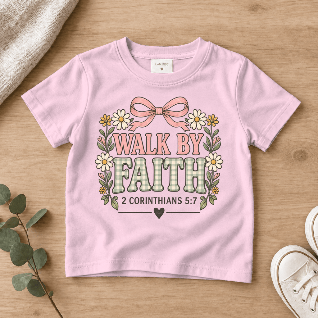 Walk by Faith Bow Kids Tee | Future Disciples Christian scripture shirt - I AM Kids