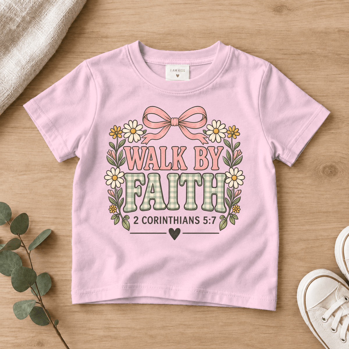 Walk by Faith Bow Kids Tee | Future Disciples Christian scripture shirt - I AM Kids
