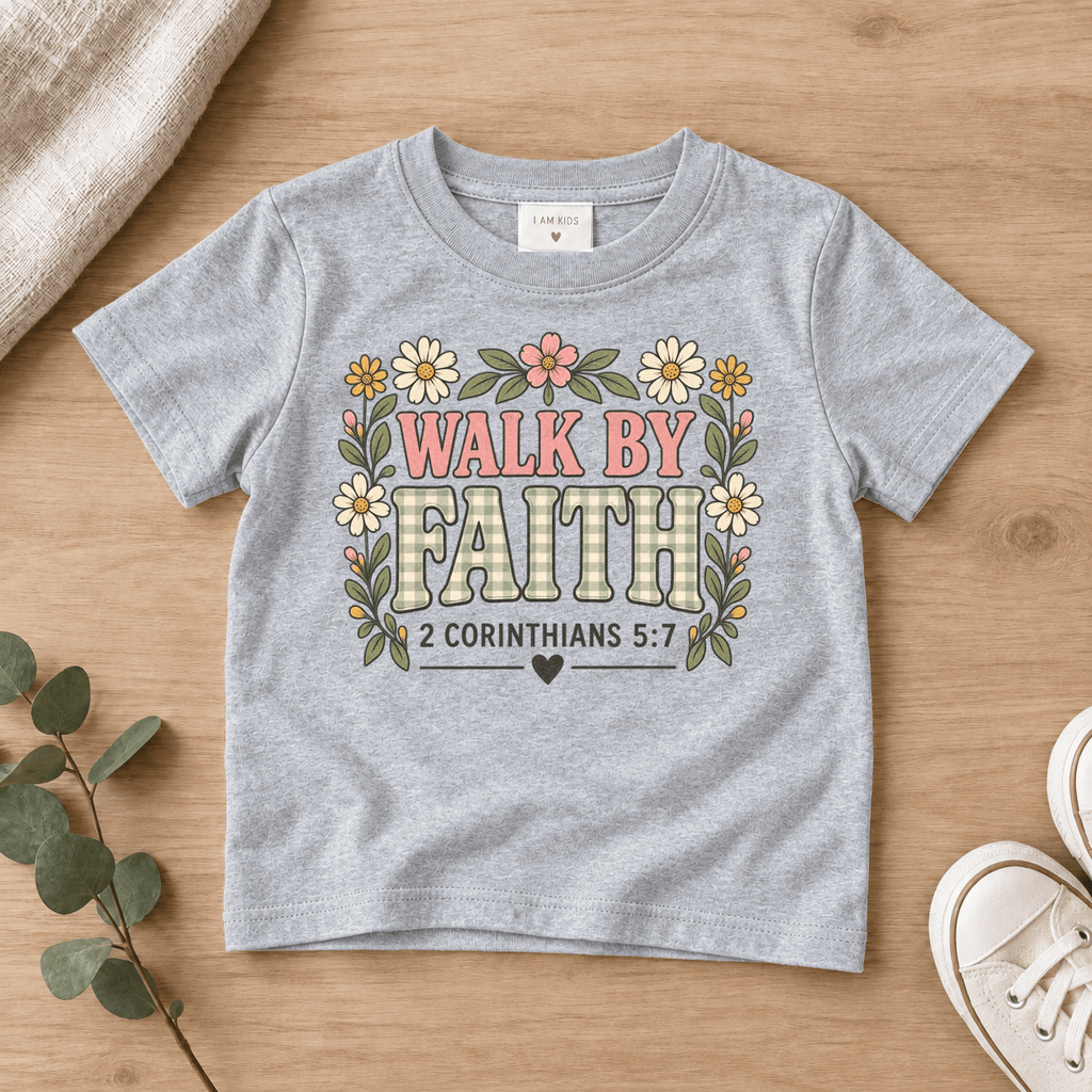 Walk by Faith Floral Kids Tee | Future Disciples Christian scripture shirt - I AM Kids