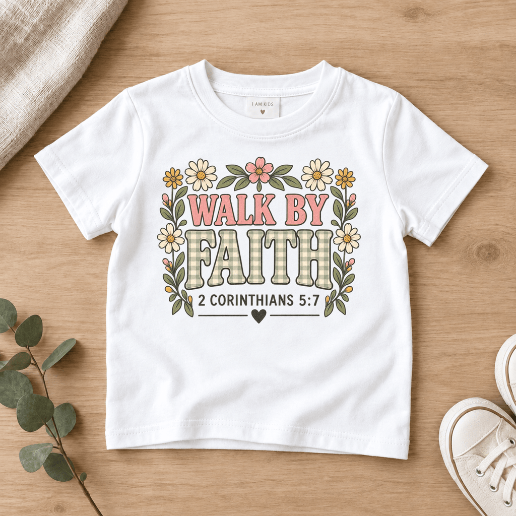 Walk by Faith Floral Kids Tee | Future Disciples Christian scripture shirt - I AM Kids