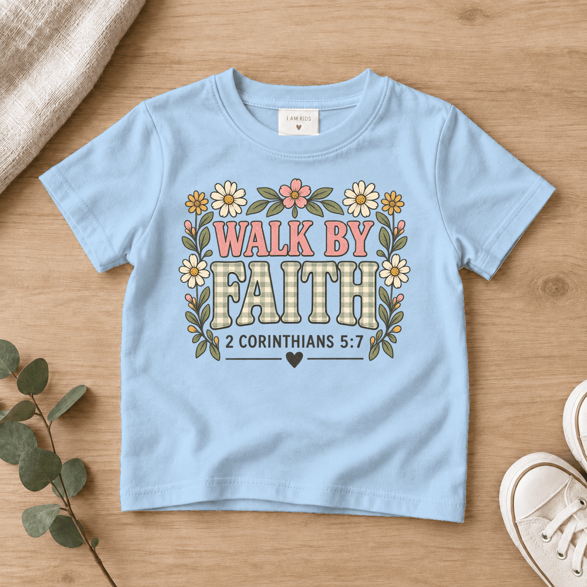 Walk by Faith Floral Kids Tee | Future Disciples Christian scripture shirt - I AM Kids