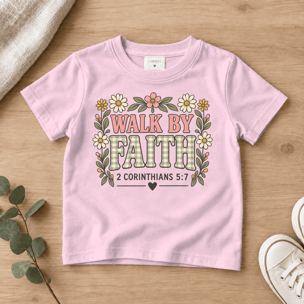 Walk by Faith Floral Kids Tee | Future Disciples Christian scripture shirt - I AM Kids